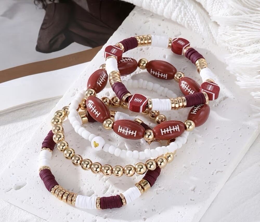 Football Beaded Stretch Bracelet Set 5pc Burgundy Gold White Game Day Jewelry